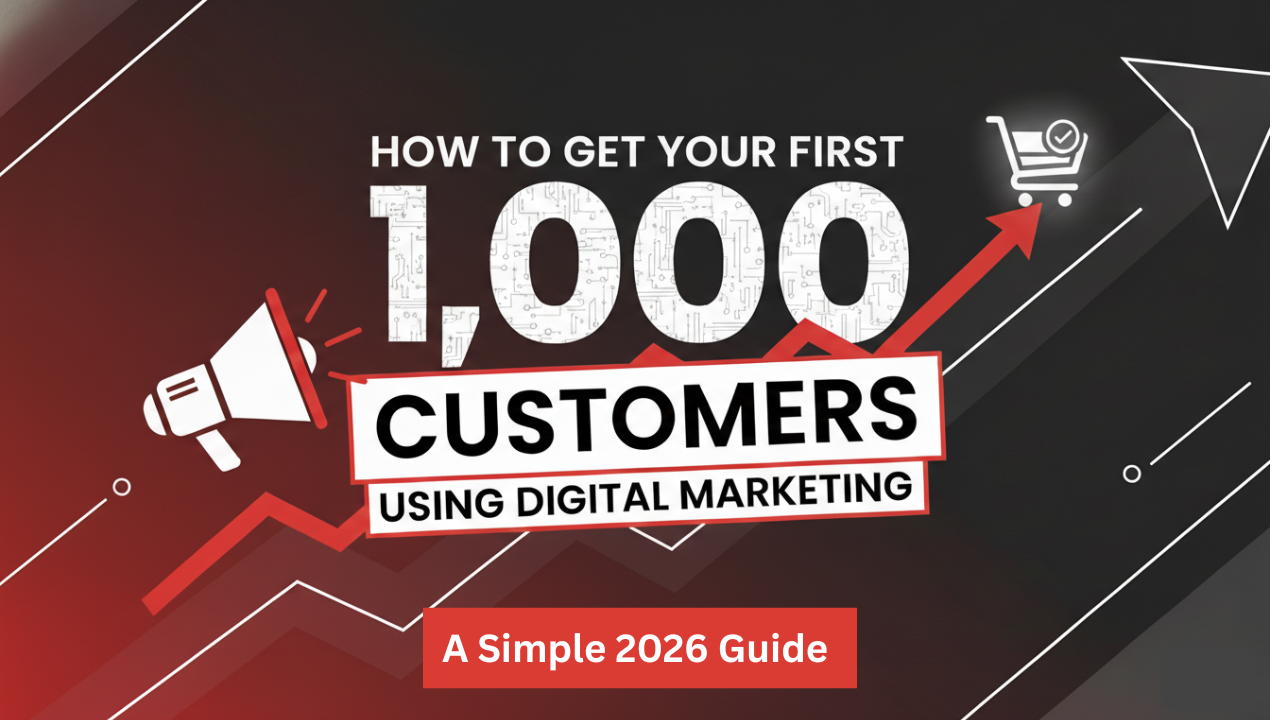Graphic titled “How to Get Your First 1,000 Customers Using Digital Marketing – A Simple 2026 Guide.” The design features bold white and red text on a dark gradient background, with a rising red arrow symbolizing growth, a megaphone icon on the left, and a shopping cart icon on the right.