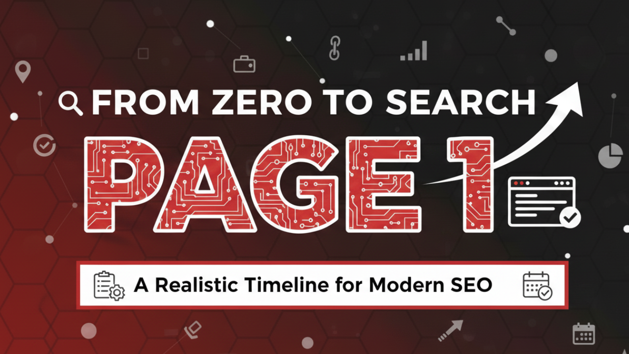 Promotional graphic with the headline “FROM ZERO TO SEARCH PAGE 1” in large bold text, featuring a red circuit-board design inside the words “PAGE 1.” A subtitle reads “A Realistic Timeline for Modern SEO.” The background is dark with a hexagonal pattern, digital marketing icons, charts, and an upward arrow symbolizing growth and search ranking improvement.