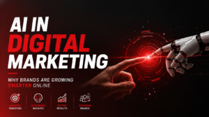 “AI in Digital Marketing” promotional thumbnail featuring bold red and white typography on a black background, with a human hand touching a robotic hand in the center, symbolizing AI-powered marketing innovation, smarter targeting, better insights, stronger brands, and improved online growth.