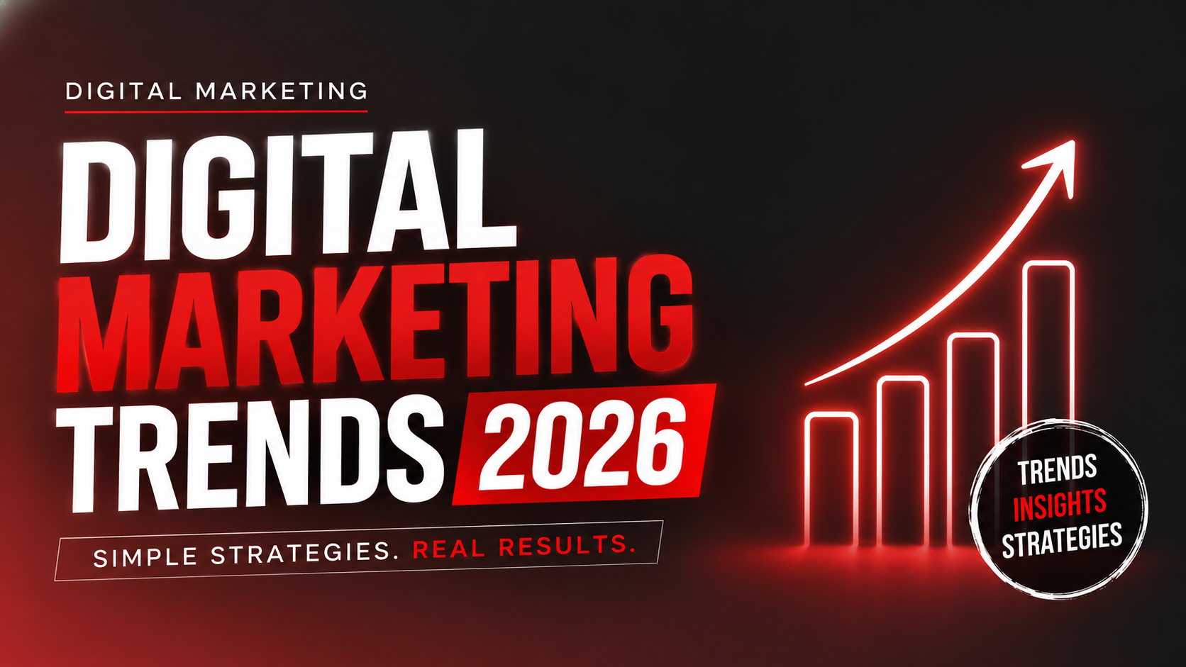 Thumbnail for a digital marketing blog featuring bold red and white typography on a dark background. The text reads “Digital Marketing Trends 2026” with the tagline “Simple Strategies. Real Results.” A glowing upward growth chart and arrow symbolize business growth and marketing success, alongside a circular badge highlighting trends, insights, and strategies. The design uses a modern red, black, and white color scheme with strong visual contrast and a professional marketing-focused aesthetic.