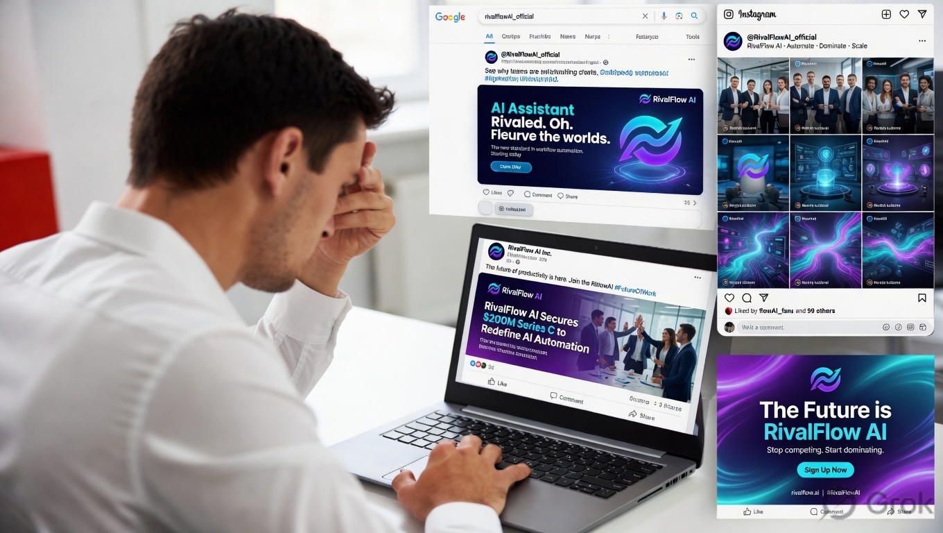 Business owner looking frustrated at a laptop while a competitor's brand appears repeatedly across Google search results, social media posts, online ads, and news articles, illustrating strong digital marketing visibility.