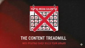 Alt text: Illustration of a crossed-out social media calendar above the text “The Content Treadmill: Why Posting Daily Kills Your Brand” on a dark red and black background, symbolizing burnout from constant content posting.