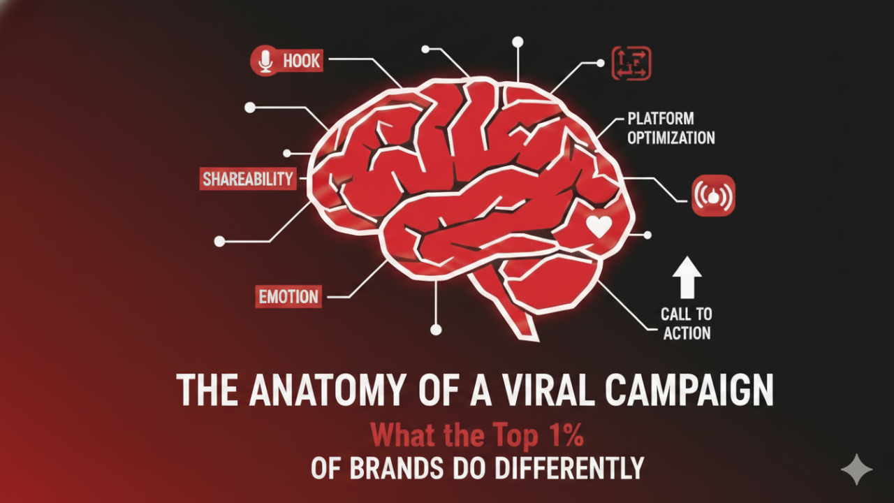 Alt text: Illustration of a glowing red brain labeled with viral marketing elements like “Hook,” “Shareability,” “Emotion,” “Platform Optimization,” and “Call to Action,” with the headline “The Anatomy of a Viral Campaign: What the Top 1% of Brands Do Differently.”