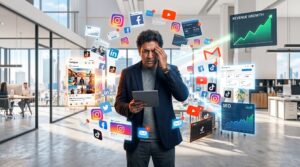 A business professional stands in a modern office holding a tablet while surrounded by floating digital marketing channels, including Instagram, Facebook, LinkedIn, TikTok, YouTube, email marketing, SEO dashboards, Google Ads analytics, and social media notifications. The individual appears overwhelmed by the sheer number of marketing platforms, highlighting the challenge businesses face when managing multiple marketing channels simultaneously. Around him, performance metrics, engagement reports, advertising dashboards, and revenue growth charts illustrate the complexity of omnichannel marketing strategies. The image represents digital marketing, social media marketing, influencer marketing, content marketing, search engine optimization (SEO), paid advertising, lead generation, and marketing automation. It visually conveys the question of how many marketing channels a business really needs before seeing measurable results, emphasizing the balance between marketing efficiency, channel selection, customer acquisition, and sustainable business growth.