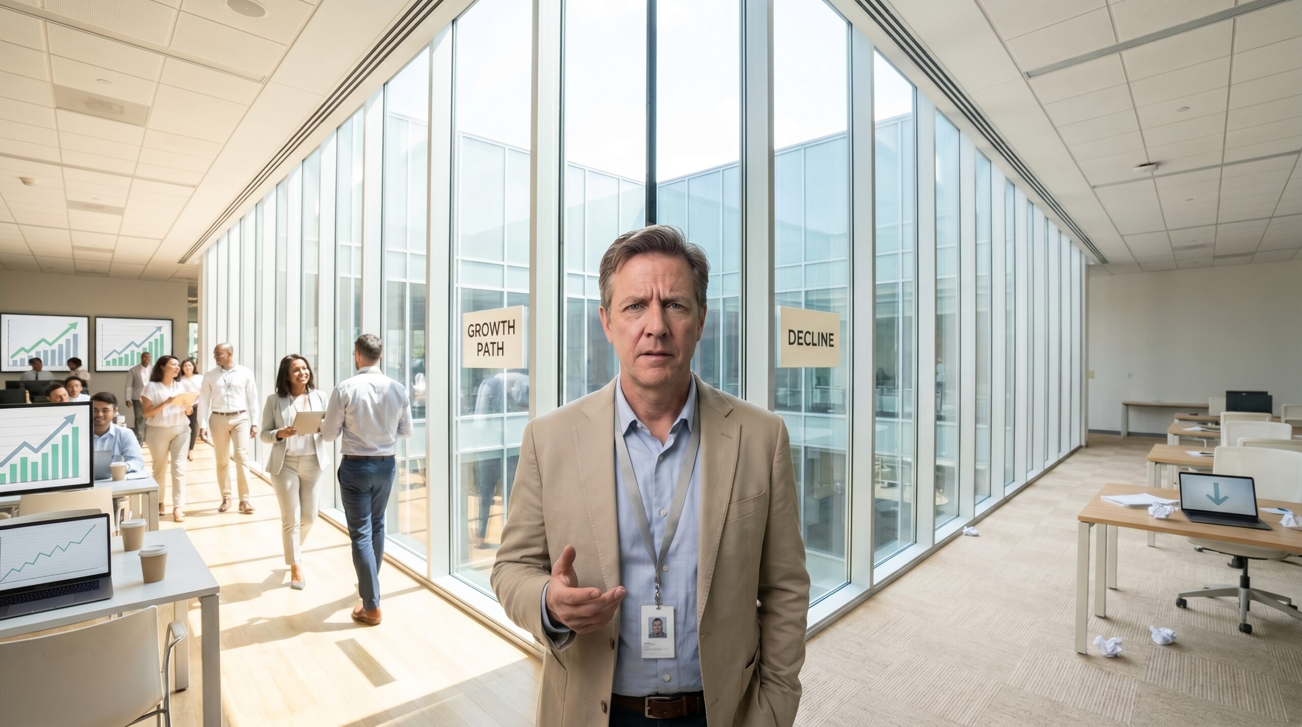Business leader standing at a crossroads inside a bright modern office, with one side showing a thriving workplace filled with employees, rising growth charts, and collaboration, while the other side shows an empty office with declining performance indicators and signs of business slowdown. The image represents the decision between choosing a growth-focused marketing agency and making a costly business mistake.
