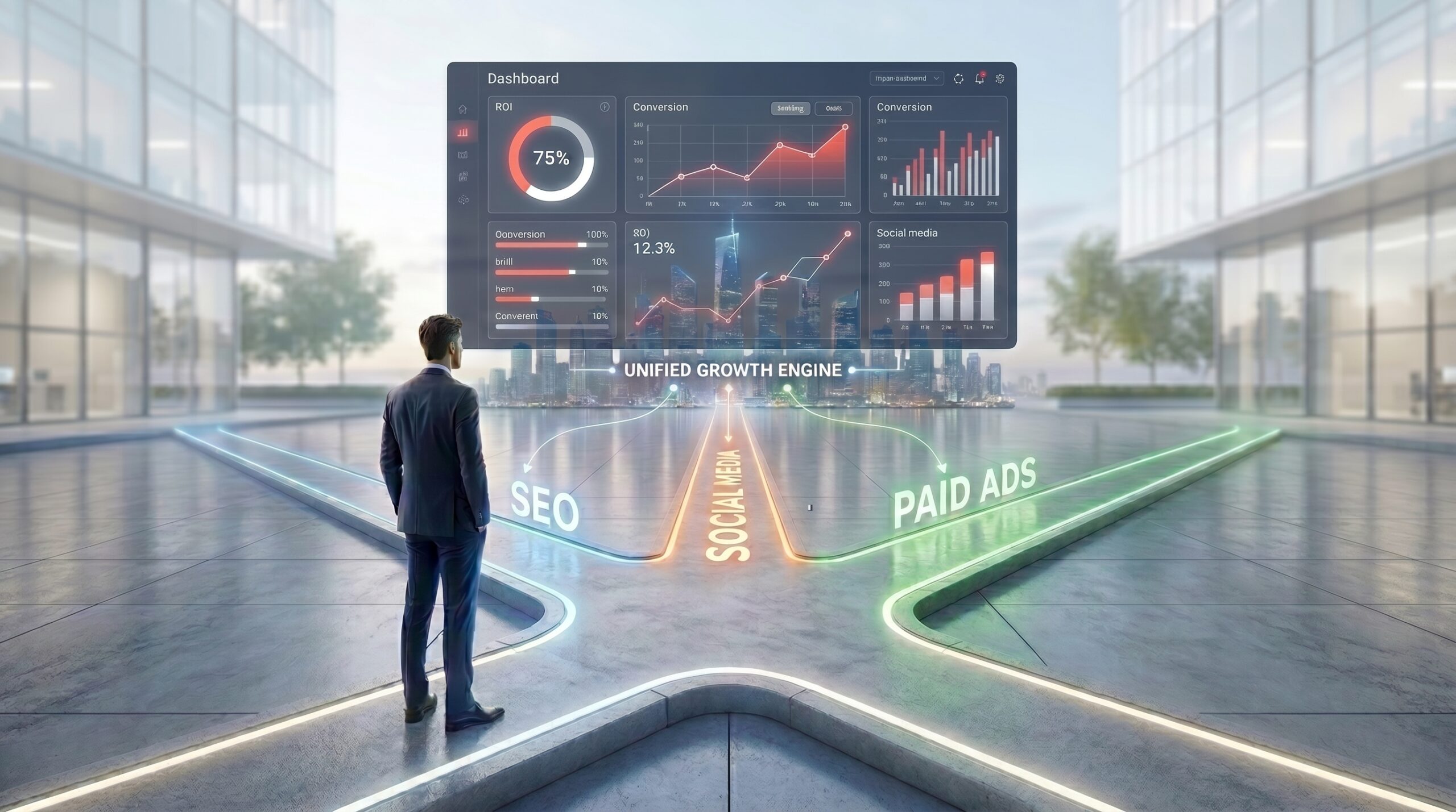 A professional businessman stands at a futuristic digital crossroads inside a modern corporate plaza, facing three illuminated marketing paths labeled SEO, Social Media, and Paid Ads. Above him, a large transparent analytics dashboard displays ROI metrics, conversion rates, growth charts, and social media performance data. The three channels converge into a central "Unified Growth Engine," symbolizing performance marketing as the strategy that connects SEO, social media, and paid advertising. Modern glass office buildings, a futuristic city skyline, and glowing pathway graphics create a high-tech business growth concept focused on digital marketing strategy, customer acquisition, and measurable business results.
