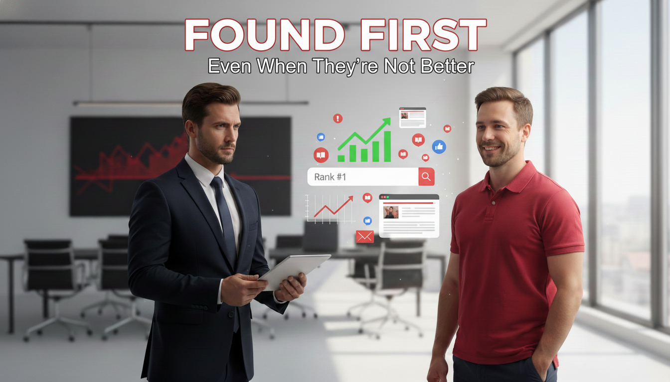 Digital marketing agency concept showing two business owners in a modern office, where one brand gains higher search rankings, website traffic, and online visibility despite not being the stronger competitor, illustrating the importance of SEO, content marketing, and digital marketing strategy.