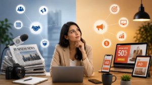 PR and advertising comparison showing public relations, media outreach, paid advertising, and brand visibility in a modern business setting.